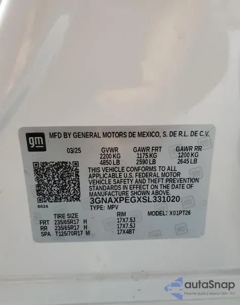 2025 Chevrolet Equinox Lt z USA, uszkodzony, nr VIN 3GNAXPEGXSL331020